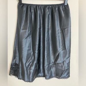 Vintage Natori Black Satin Slip Skirt with Lace Trim Size Medium